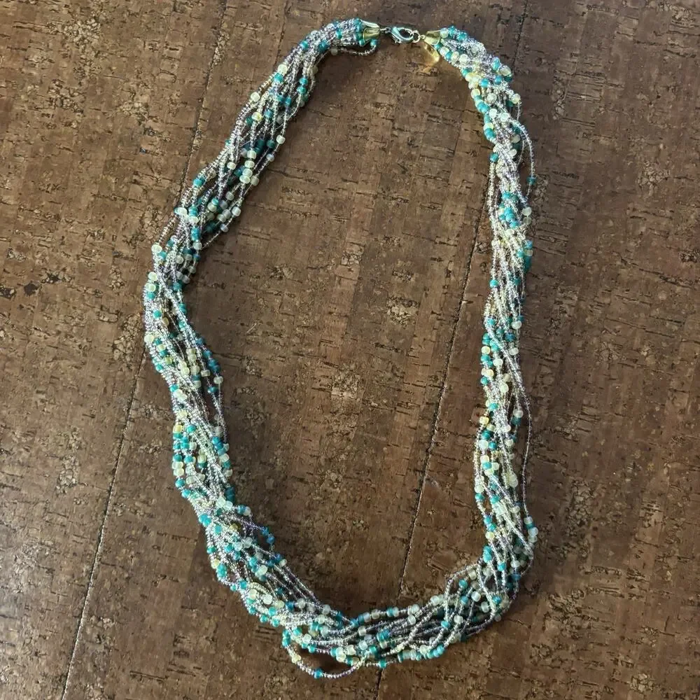 Vintage 1960s Multi Strand Pink Gold Blue Glass Seed Bead Twisted Necklace Vtg